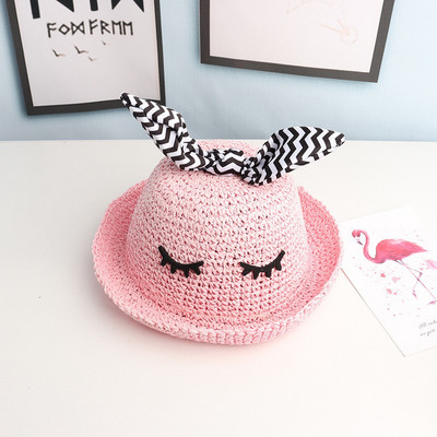 Pălărie de paie tricotată pentru femei cu panglică în dungi