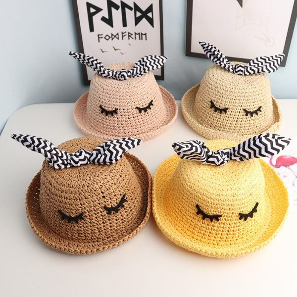 Pălărie de paie tricotată pentru femei cu panglică în dungi