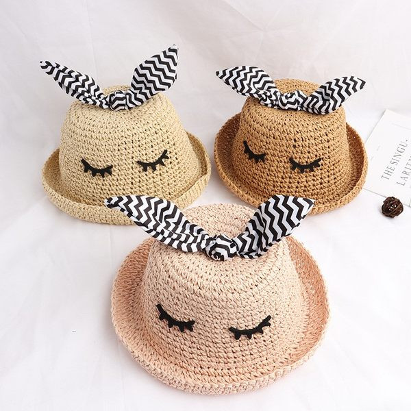 Pălărie de paie tricotată pentru femei cu panglică în dungi