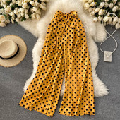 Прав модел широк дамски панталон на точки с панделка