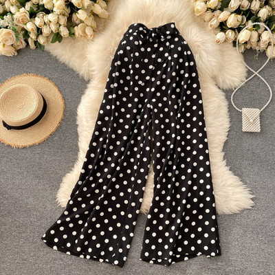 Прав модел широк дамски панталон на точки с панделка