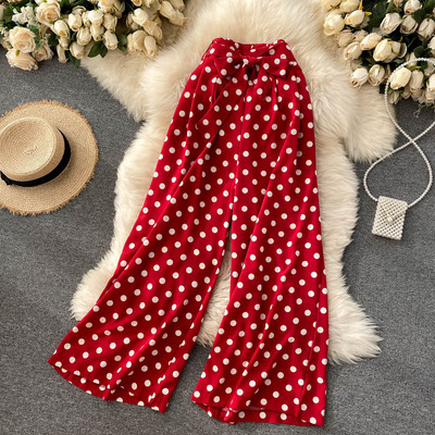 Прав модел широк дамски панталон на точки с панделка