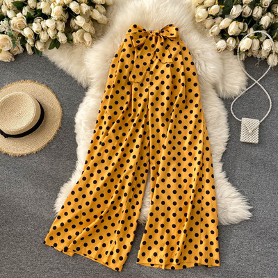 Прав модел широк дамски панталон на точки с панделка