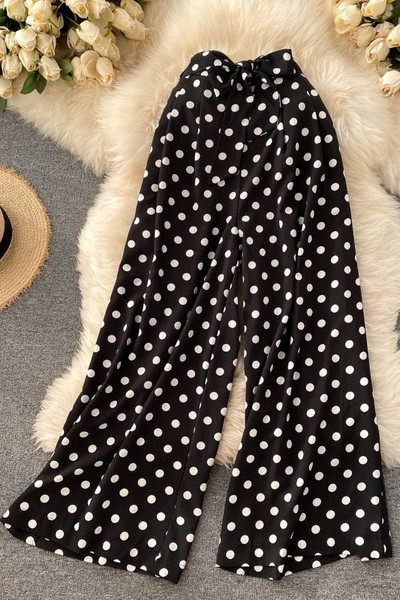 Прав модел широк дамски панталон на точки с панделка