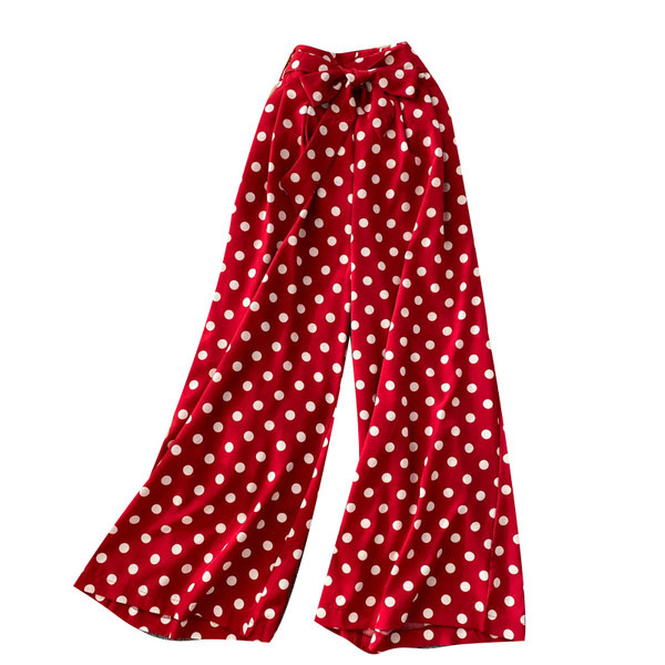 Прав модел широк дамски панталон на точки с панделка