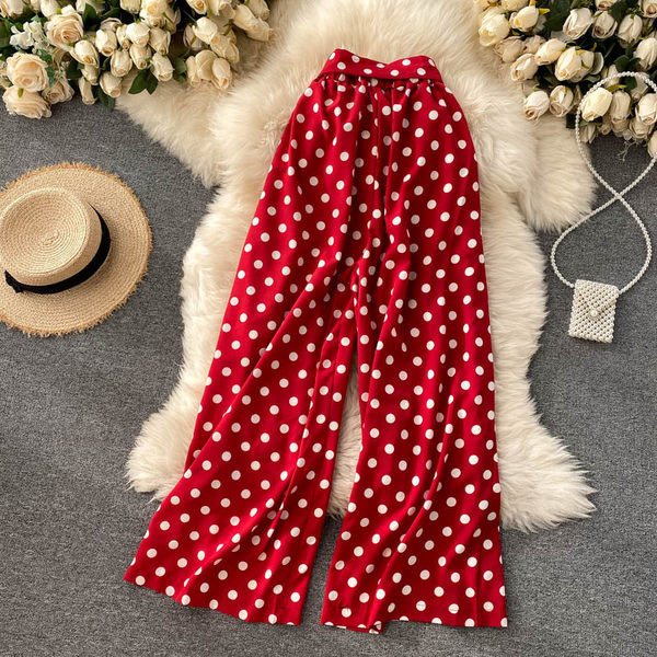 Прав модел широк дамски панталон на точки с панделка