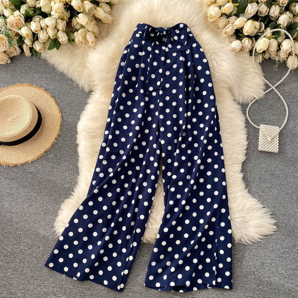 Прав модел широк дамски панталон на точки с панделка