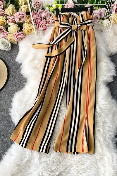 Ženske prugaste hlače s remenom i visokim strukom