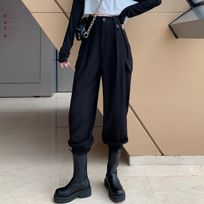 Спортен дамски панталон с джобове и висока талия в сив и черен цвят