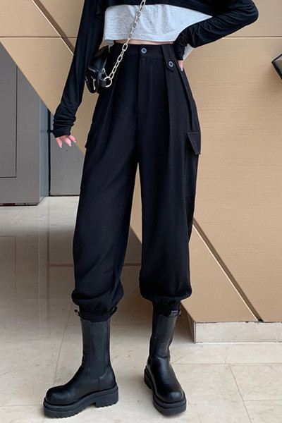 Спортен дамски панталон с джобове и висока талия в сив и черен цвят