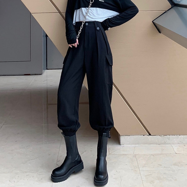 Спортен дамски панталон с джобове и висока талия в сив и черен цвят