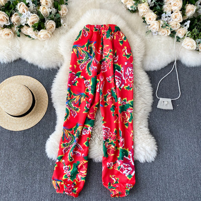 Цветен дамски летен панталон с ластик и висока талия