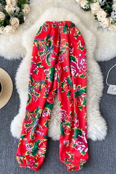 Цветен дамски летен панталон с ластик и висока талия