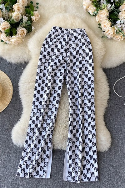 Pantaloni de dama cu talie inalta in alb-negru