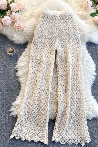 Pantaloni de primavara tricotati cu talie inalta - model drept