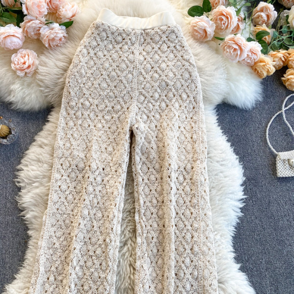 Pantaloni de primavara tricotati cu talie inalta - model drept