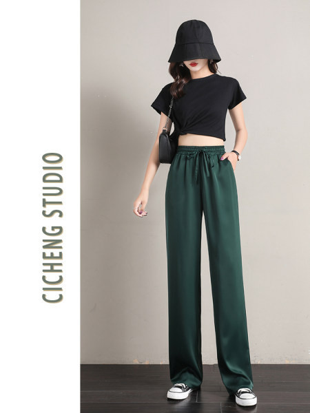 Дамски панталон - широк модел с връзки и ластична талия 