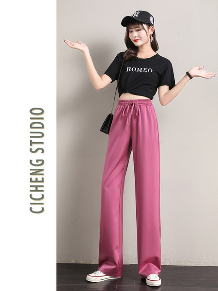 Дамски панталон - широк модел с връзки и ластична талия 