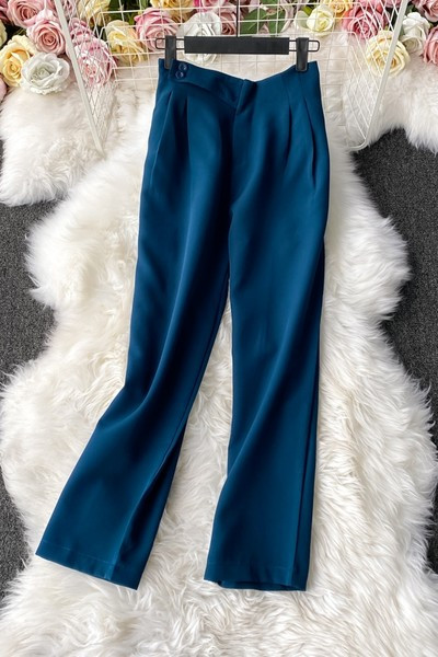 Jednobojne ženske hlače s visokim strukom i gumbima