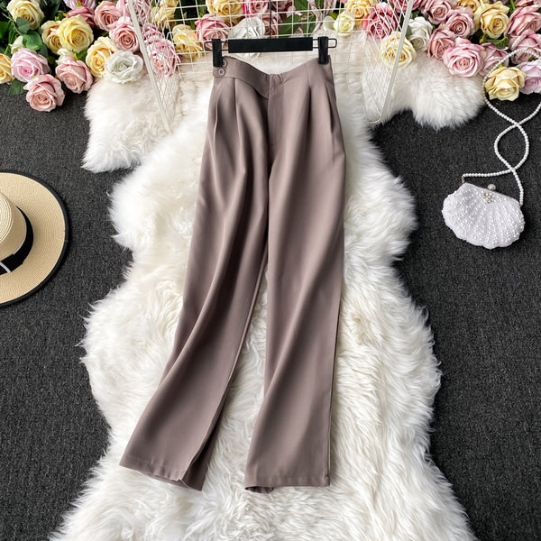 Jednobojne ženske hlače s visokim strukom i gumbima