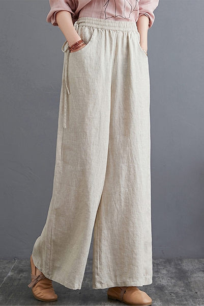 Дамски  широк памучен панталон с джобове