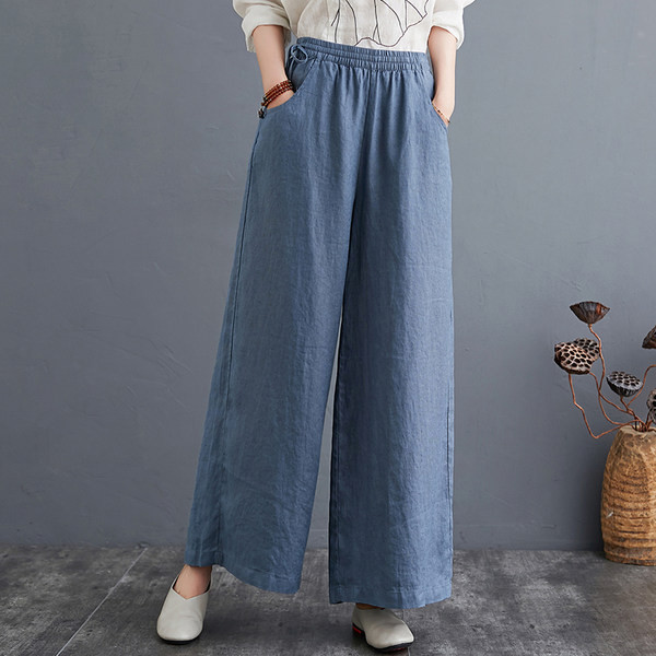 Дамски  широк памучен панталон с джобове