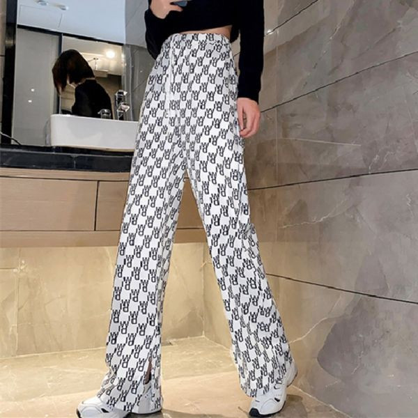 Дамски ежедневен панталон с висока талия в черен и бял цвят 