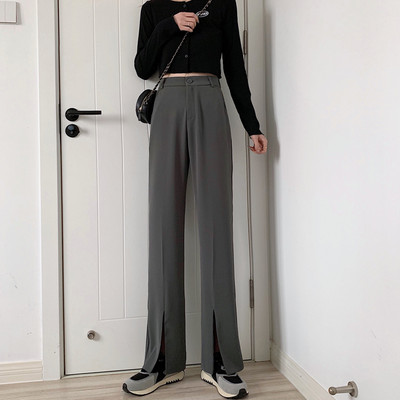 Дамски панталон с висока талия и цепки - бял черен и сив цвят