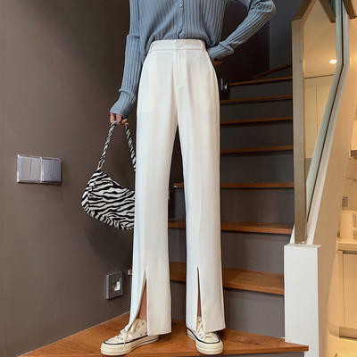 Дамски панталон с висока талия и цепки - бял черен и сив цвят