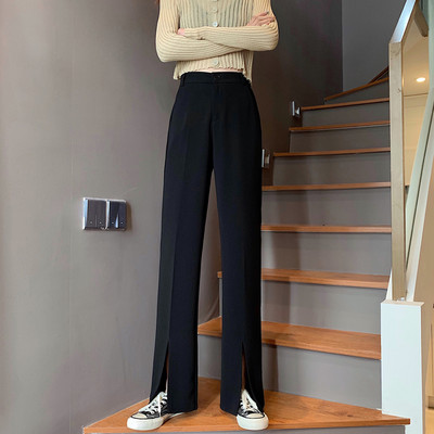 Дамски панталон с висока талия и цепки - бял черен и сив цвят