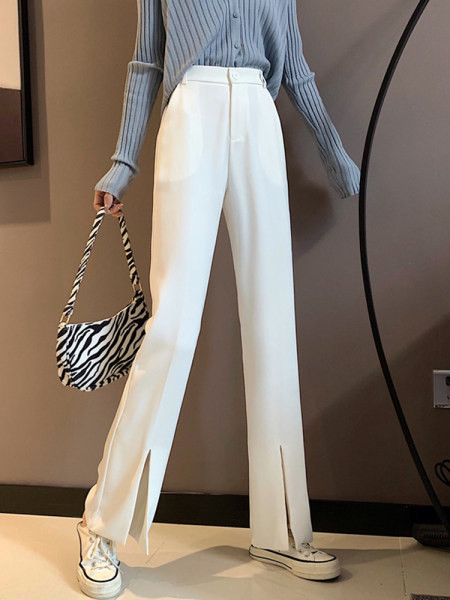 Дамски панталон с висока талия и цепки - бял черен и сив цвят