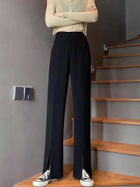 Дамски панталон с висока талия и цепки - бял черен и сив цвят