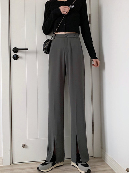 Дамски панталон с висока талия и цепки - бял черен и сив цвят