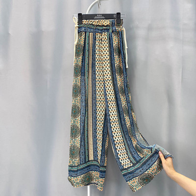 Дамски цветен панталон с висока талия и връзки