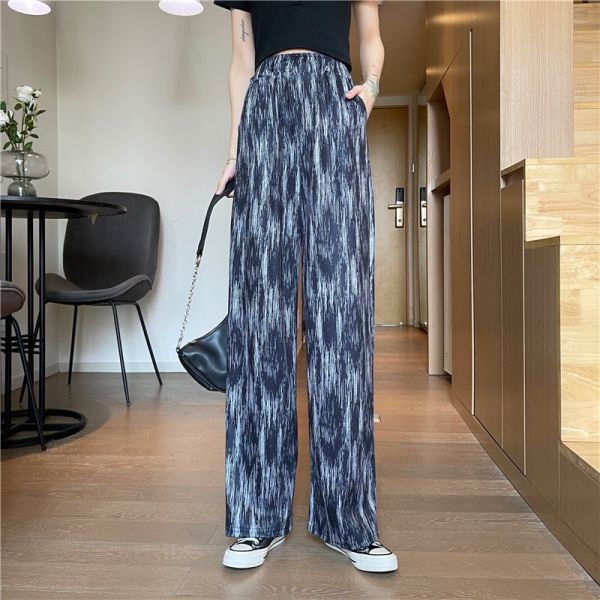 Дамски широк панталон с висока талия и цветен принт 