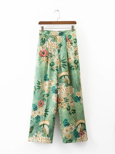 Дамски широки панталони с басти и флорален десен