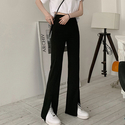 Pantaloni casual de dama cu talie inalta si crapaturi