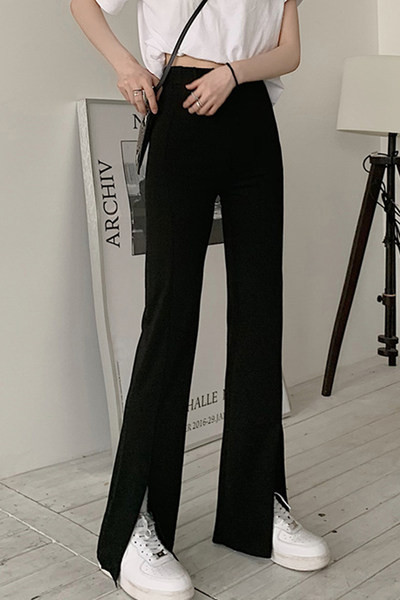 Pantaloni casual de dama cu talie inalta si crapaturi