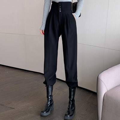 Нов модел дамски панталон с висока талия -кафяв и черен цвят