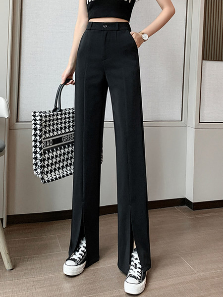 Дамски панталон широк модел с копче и цепки на крачолите