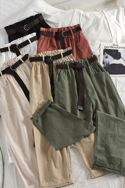 Pantaloni casual dama cu talie inalta si curea