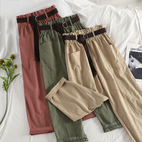 Pantaloni casual dama cu talie inalta si curea