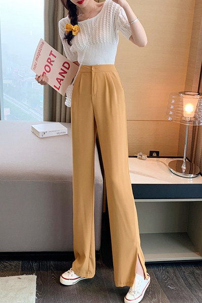 Moderne ženske hlače ravnog modela na gumbe i visokog struka