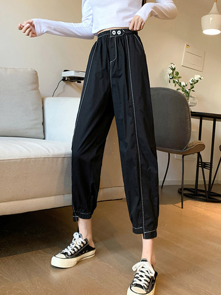 Pantaloni sport de damă cu talie înaltă - alb-negru