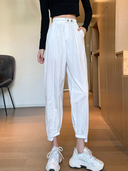 Pantaloni sport de damă cu talie înaltă - alb-negru