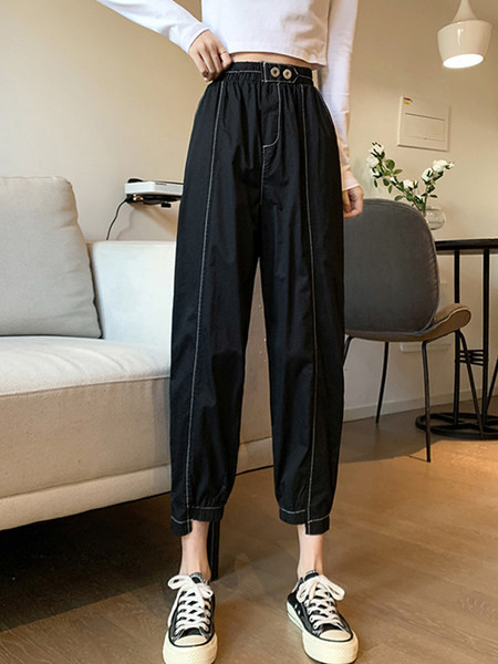 Pantaloni sport de damă cu talie înaltă - alb-negru