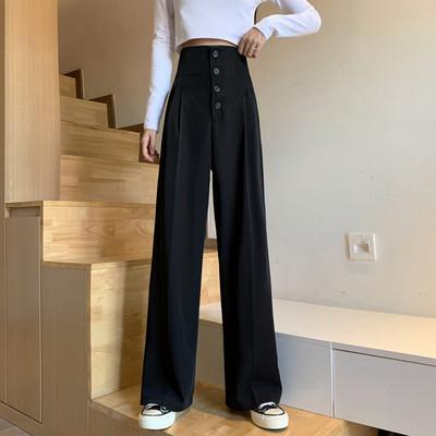Ежедневен дамски панталон с висока талия и копчета -широк модел