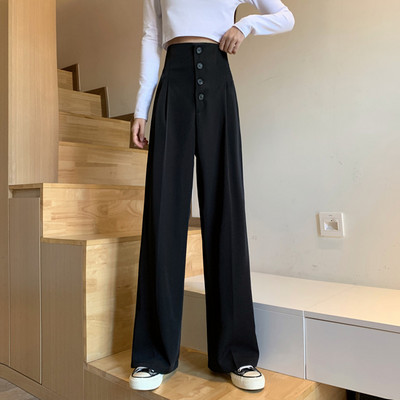 Ежедневен дамски панталон с висока талия и копчета -широк модел