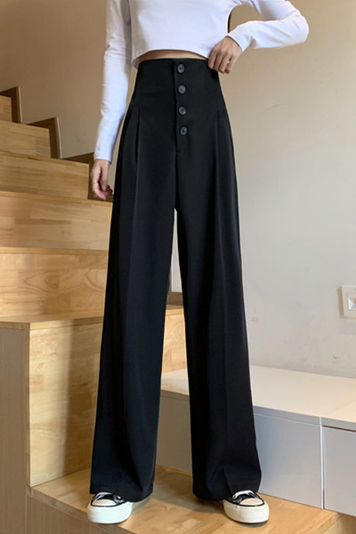 Ежедневен дамски панталон с висока талия и копчета -широк модел