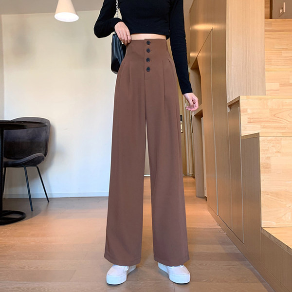 Ежедневен дамски панталон с висока талия и копчета -широк модел